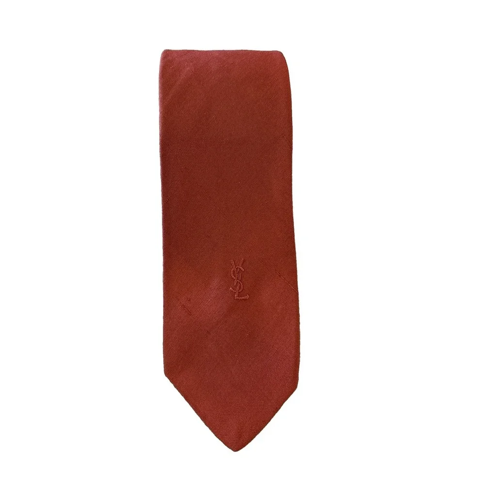 Vintage Yves Saint Laurent YSL Burnt Orange Silk Necktie Embroidered Logo 2.5